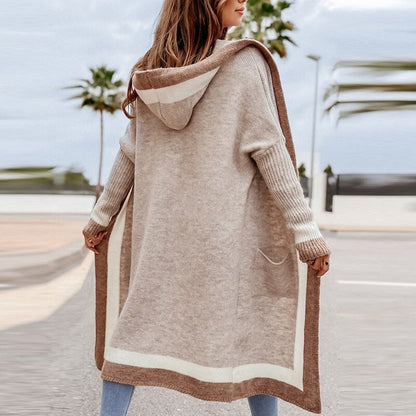 Elarova | Cardigan | Beigefarbener langer Strickcardigan mit Kapuze