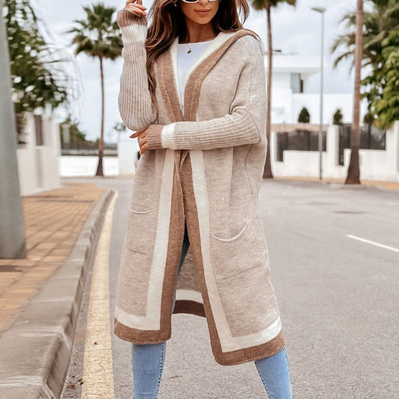 Norvielle Damen Strickcardigan Beige Lang Mit Kapuze - Norvielle