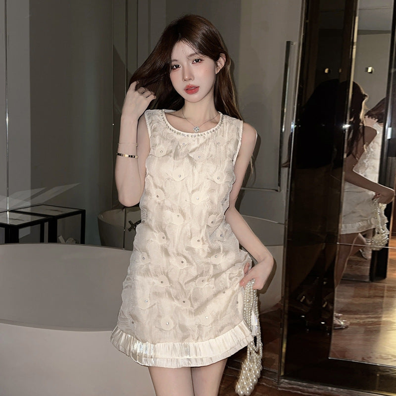 Elarova Chanel-Stil Rundhals-Plissee-Weste Kleid mit Nieten