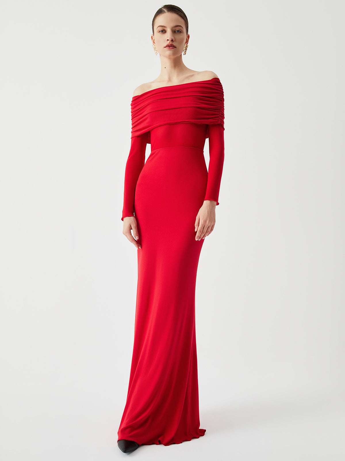 Elarova Damen Langarm-Maxikleid mit Off-Shoulder-Ausschnitt und Mesh-Einsatz