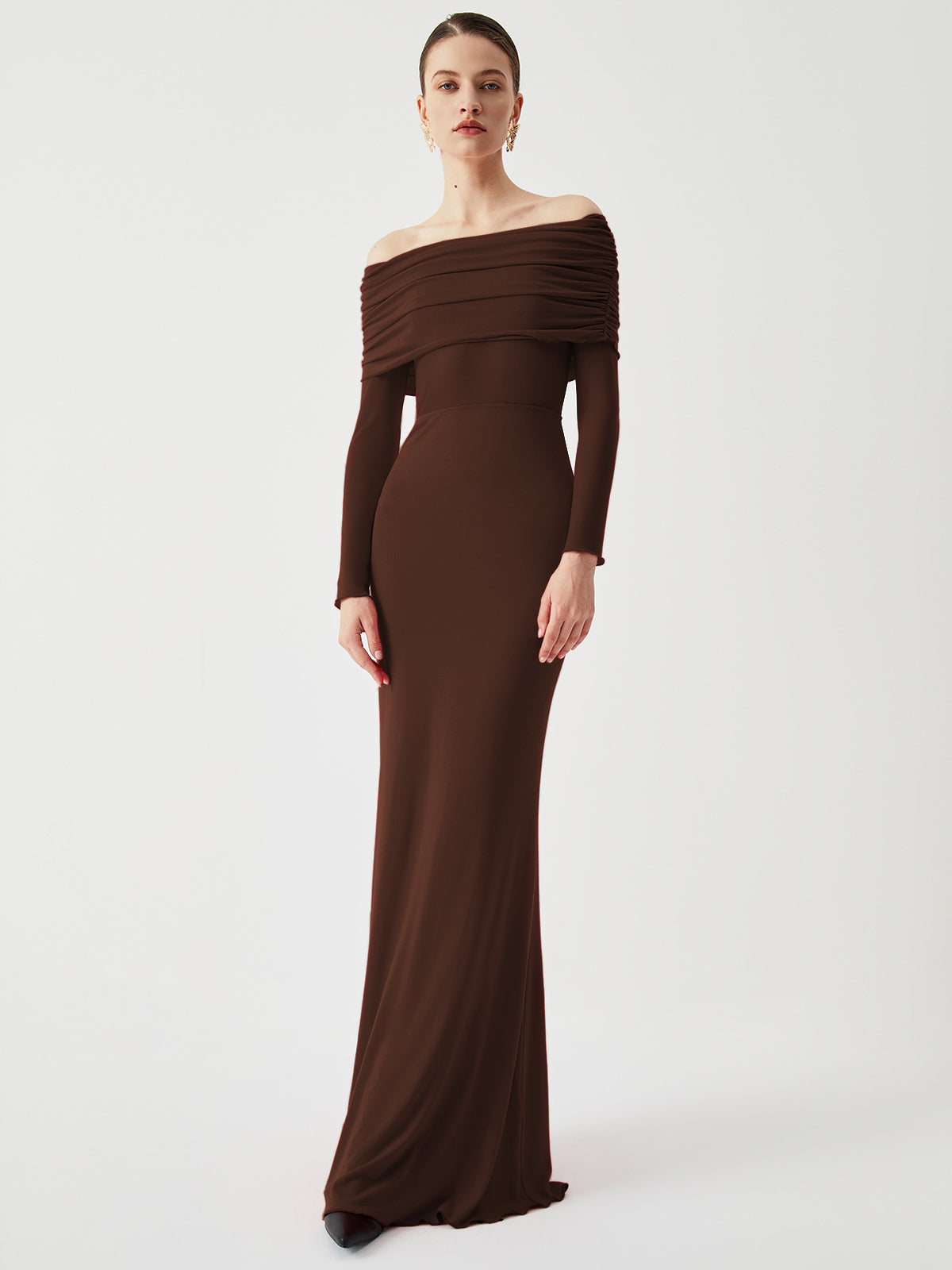Elarova Damen Langarm-Maxikleid mit Off-Shoulder-Ausschnitt und Mesh-Einsatz