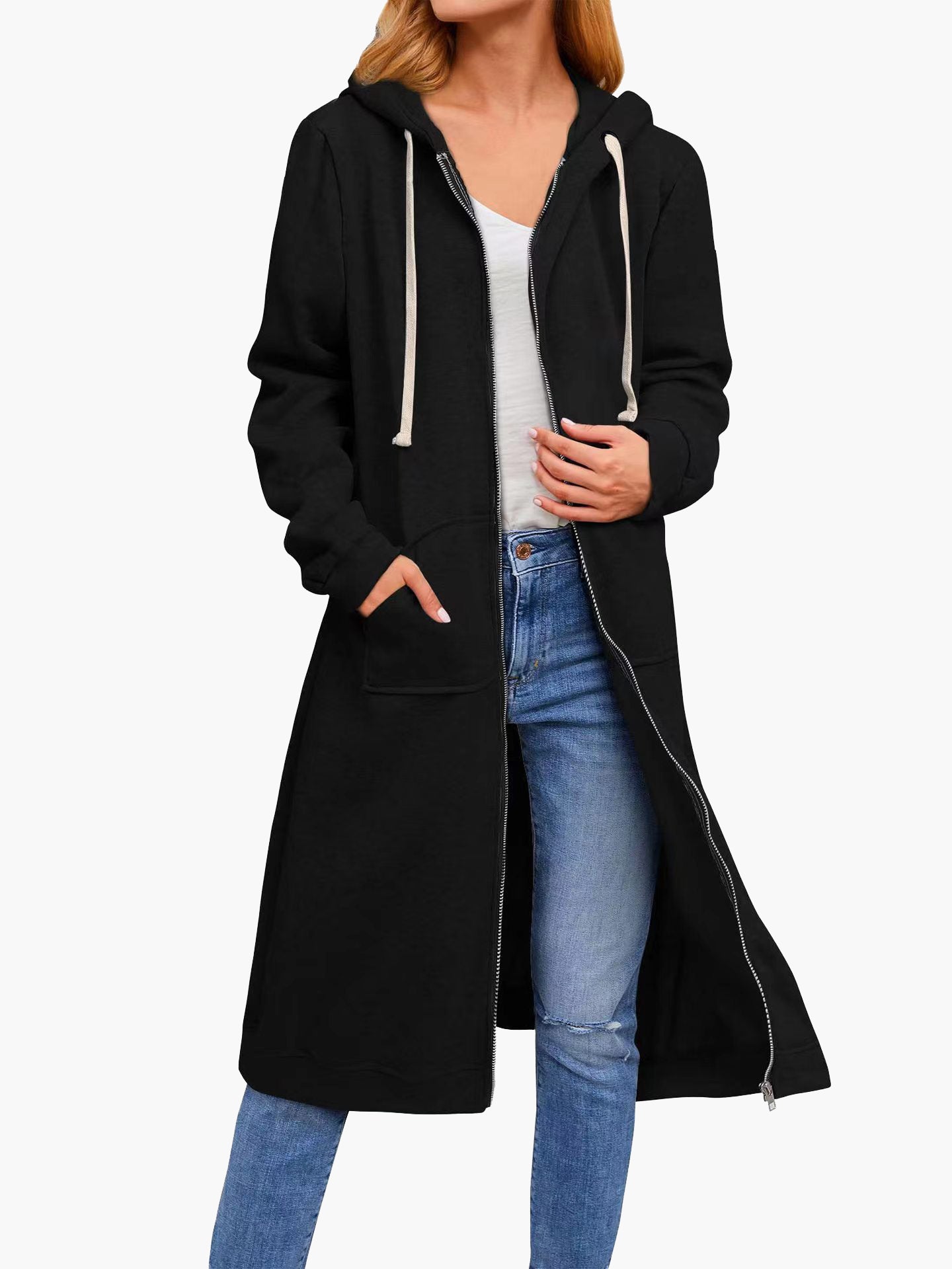 Elarova | Damen Strickjacke Lässig Reißverschluss Taschen Kapuze Strickjacke Lang