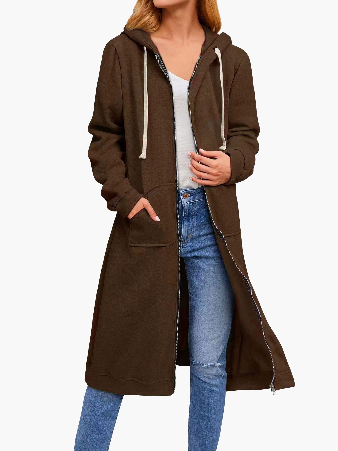 Elarova | Damen Strickjacke Lässig Reißverschluss Taschen Kapuze Strickjacke Lang