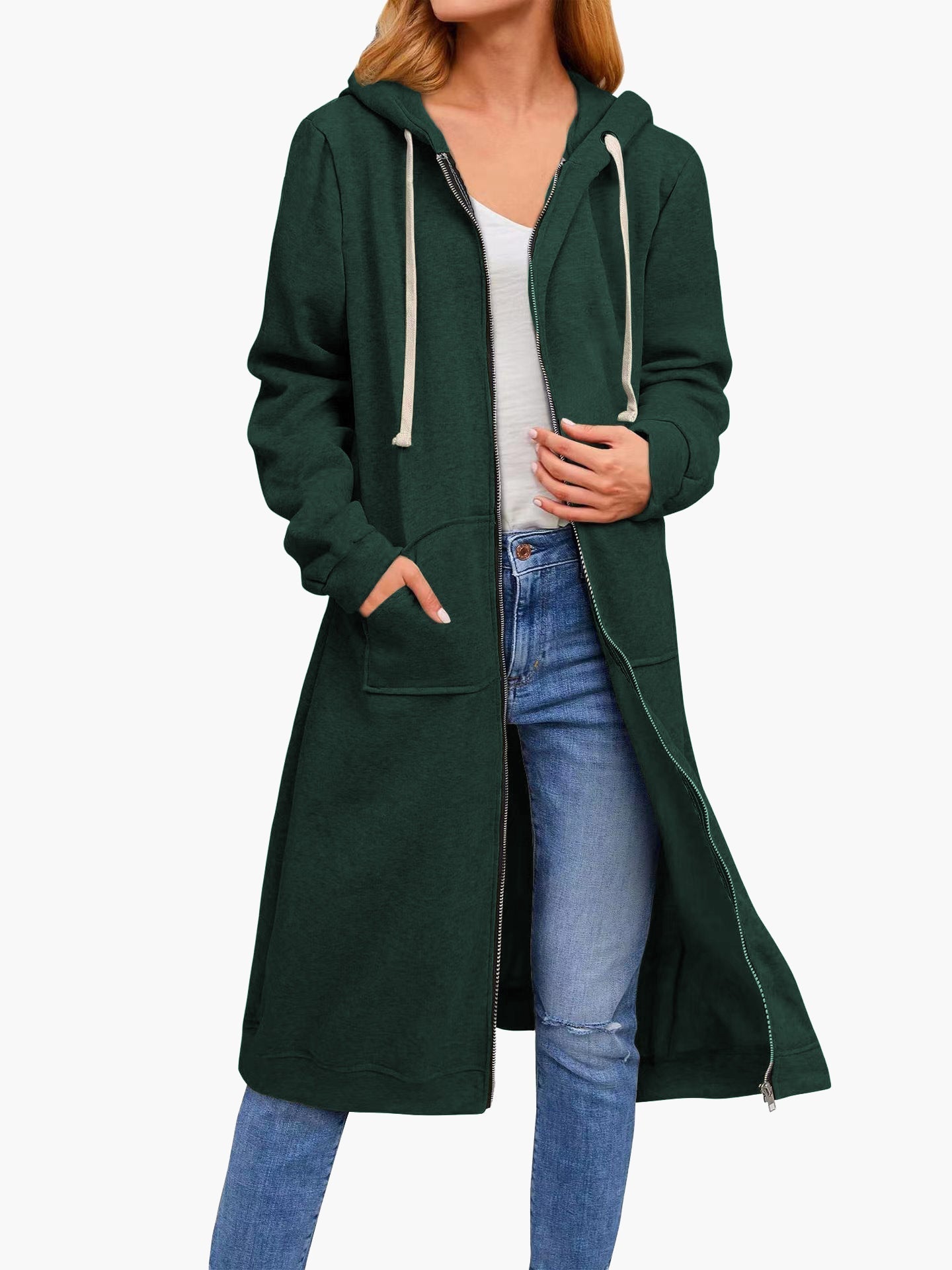 Elarova | Damen Strickjacke Lässig Reißverschluss Taschen Kapuze Strickjacke Lang