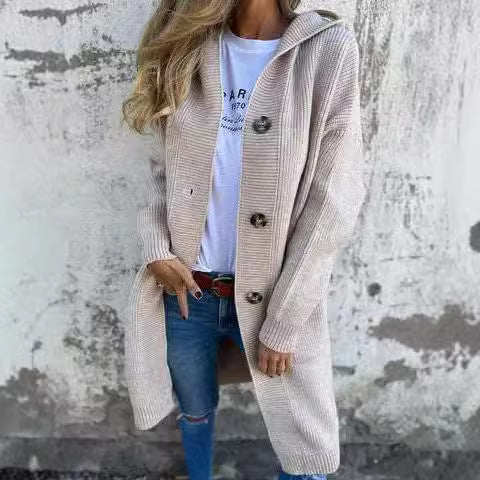 Elarova | Damen Strickjacke mit Kapuze und Knöpfen