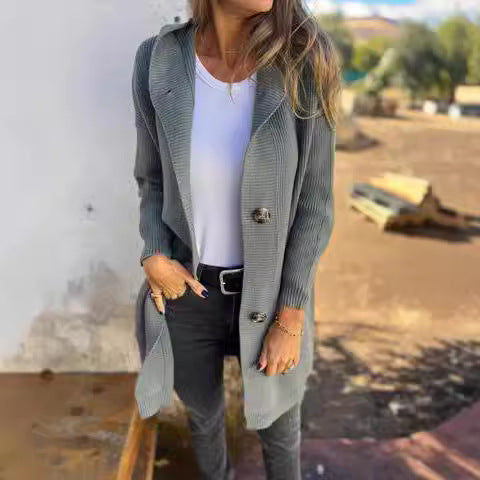 Elarova | Damen Strickjacke mit Kapuze und Knöpfen