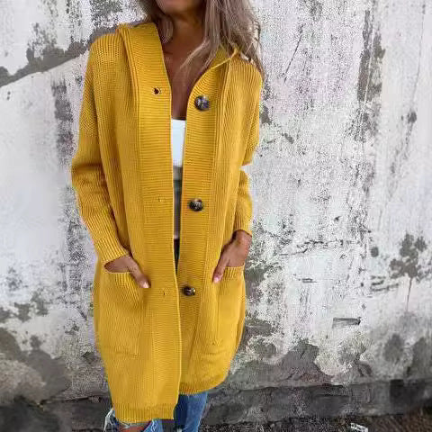 Elarova | Damen Strickjacke mit Kapuze und Knöpfen
