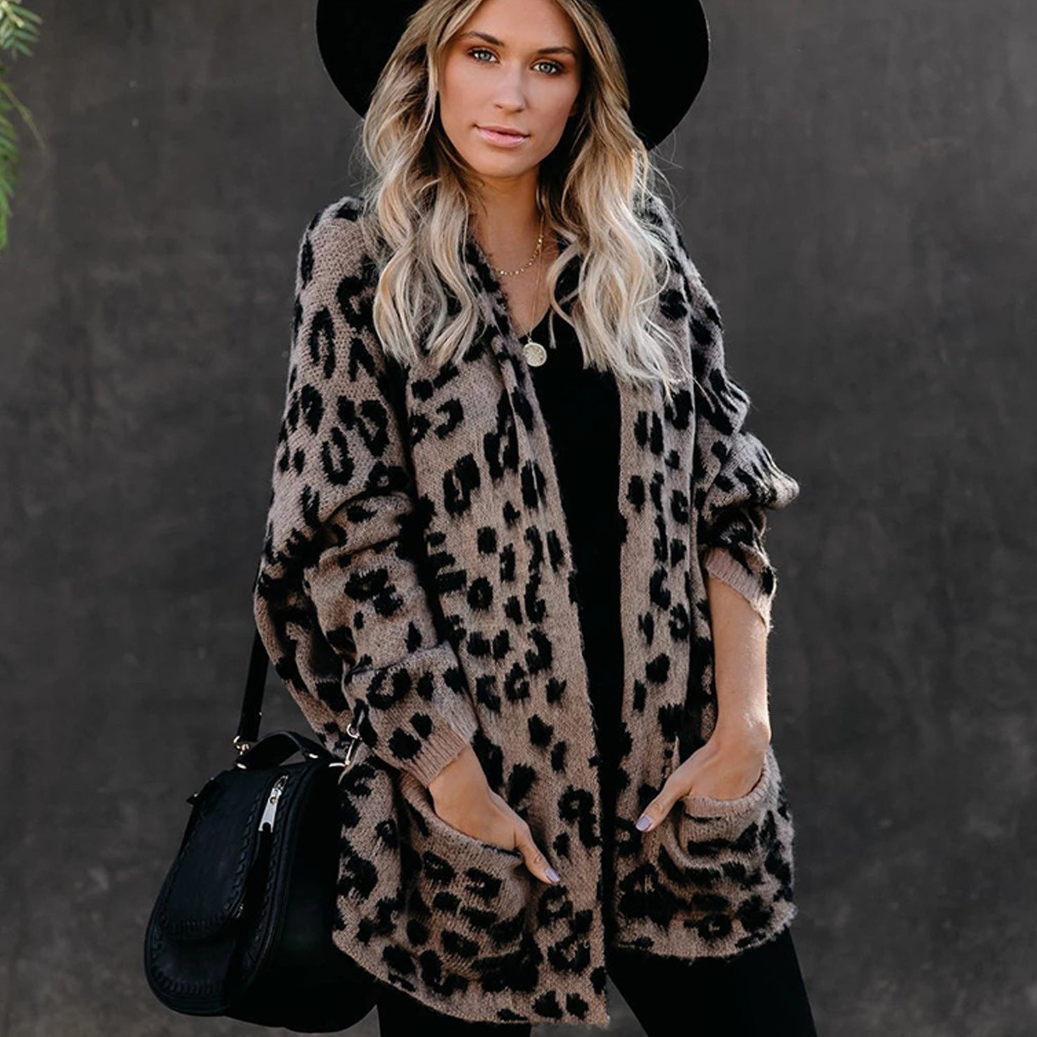 Damen Leopardenmuster Strickmantel Lässig mit Taschen - Norvielle