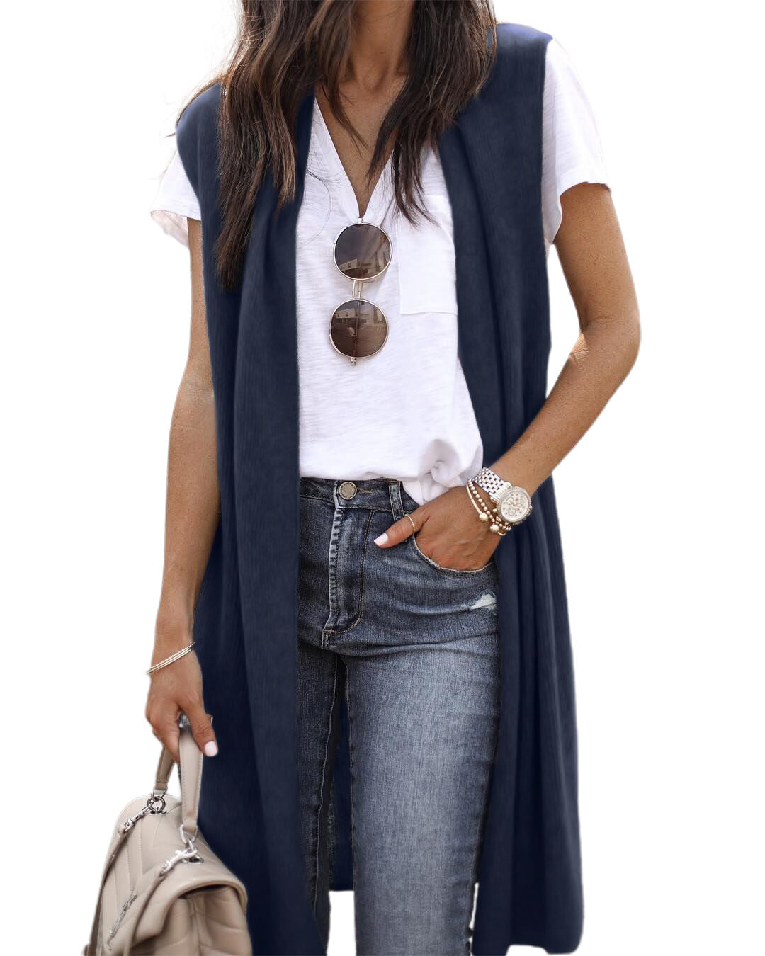 Elarova | Damen offene Strickjacke mit lässigem Schnitt und langen Seitenpartien