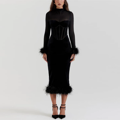 Elarova Elegantes Feder-Midi-Kleid für Damen