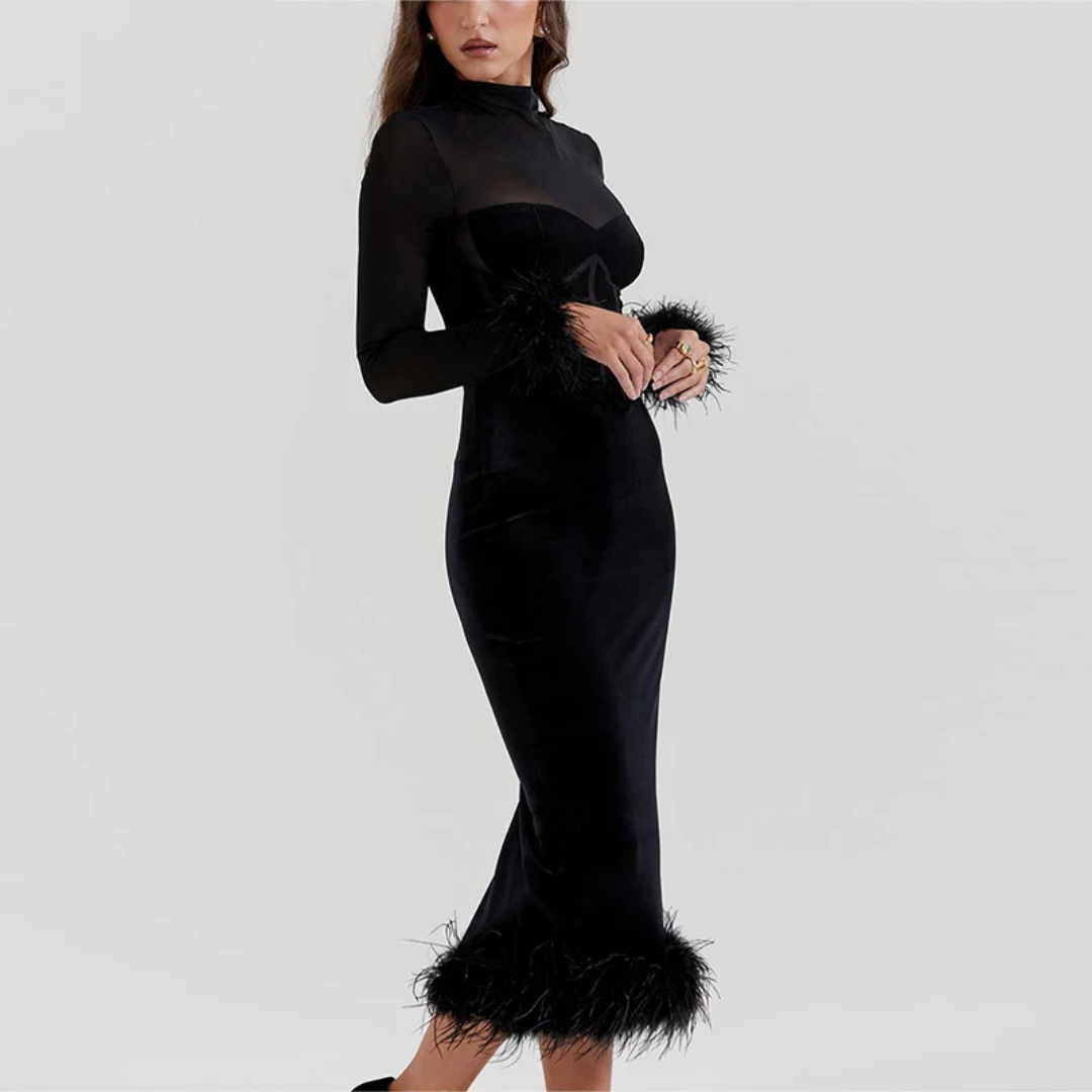 Norvielle Damen Feder Midi Kleid Elegant - Norvielle