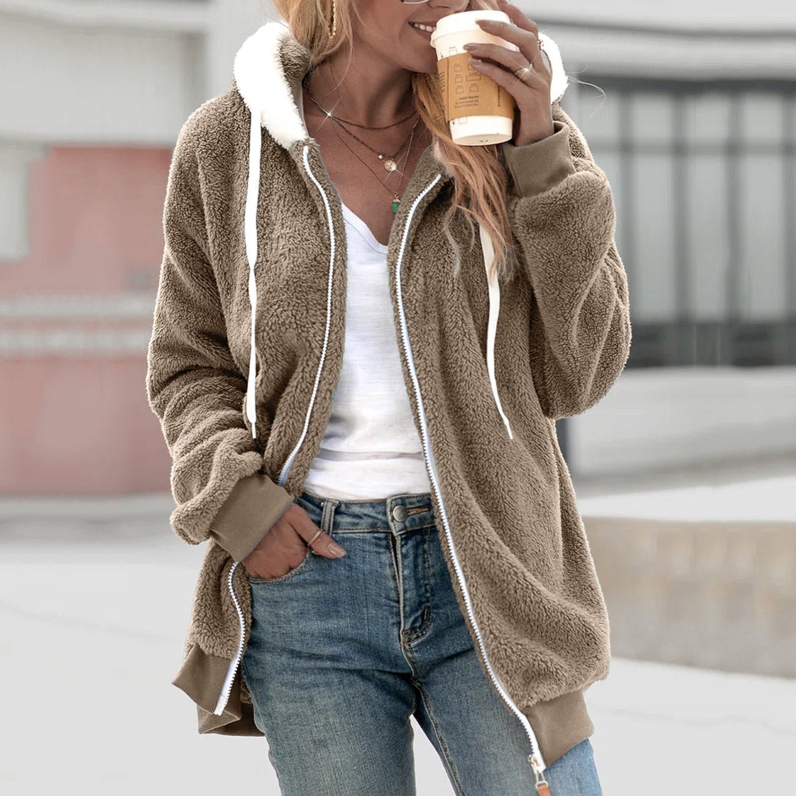 Damen Fleece-Kapuzenjacke Kuschelig Grau - Norvielle