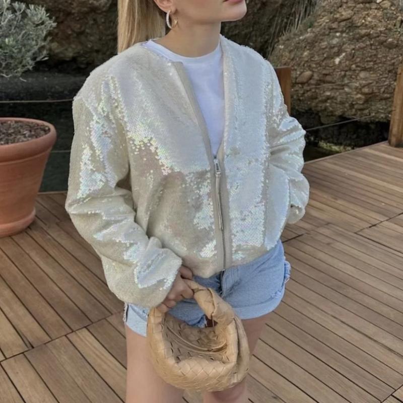 Norvielle Damen Pailletten-Jacke Reißverschluss Glitzer - Norvielle