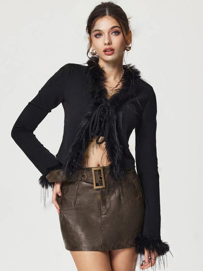 Elarova | Gebunden Fuzzy Trim Langarm Strickjacke
