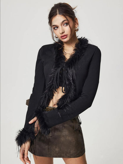 Elarova | Gebunden Fuzzy Trim Langarm Strickjacke