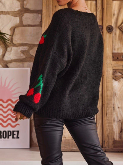 Elarova | Gebundene Kirsche Rundhalsausschnitt Langarm Cardigan