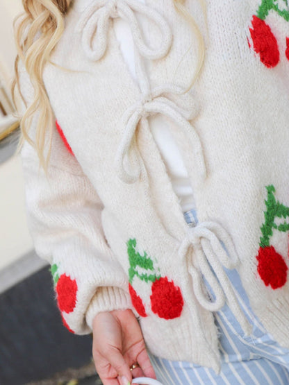 Elarova | Gebundene Kirsche Rundhalsausschnitt Langarm Cardigan