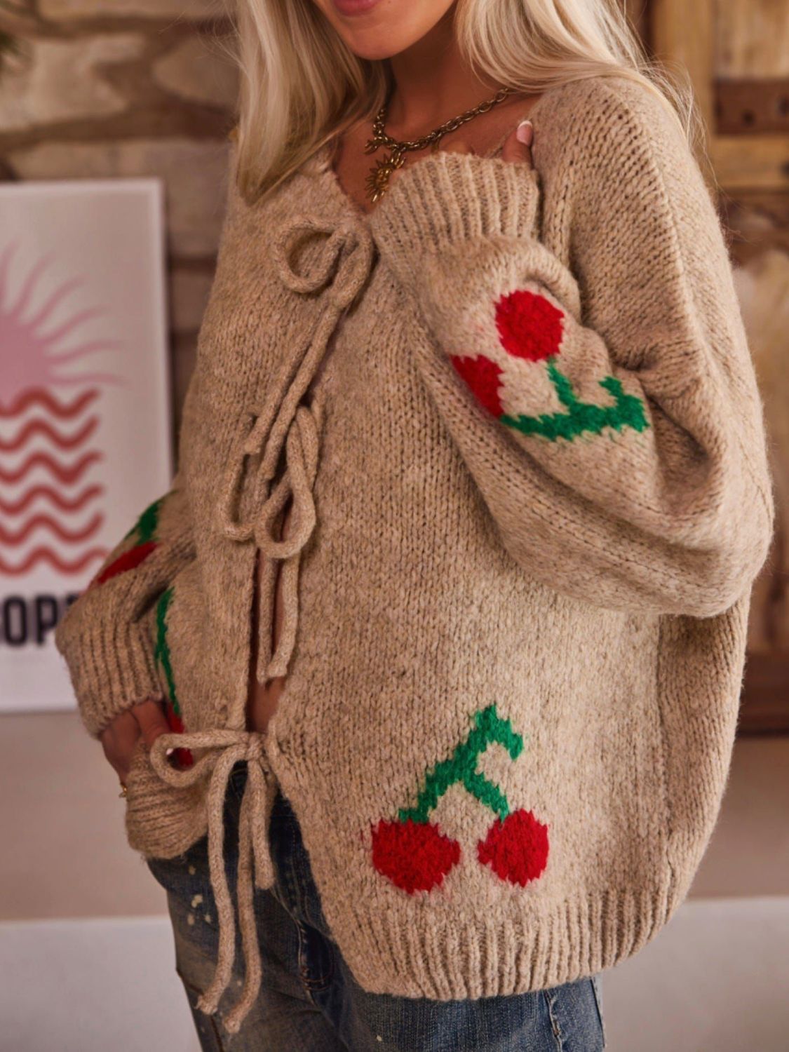 Elarova | Gebundene Kirsche Rundhalsausschnitt Langarm Cardigan