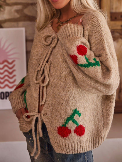 Elarova | Gebundene Kirsche Rundhalsausschnitt Langarm Cardigan