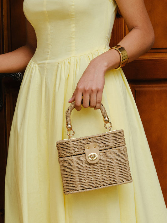 Geflochtene Rattan Boxhandtasche Mit Drehverschluss - Norvielle