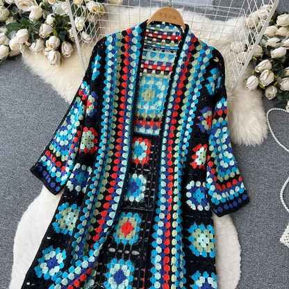 Elarova | Gehäkelte Lange Granny Square Strickjacke