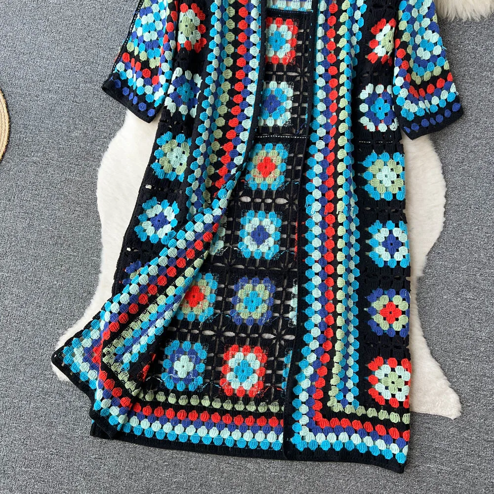Elarova | Gehäkelte Lange Granny Square Strickjacke