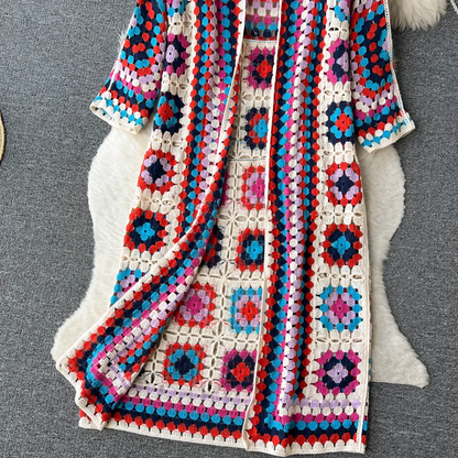 Elarova | Gehäkelte Lange Granny Square Strickjacke