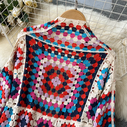 Elarova | Gehäkelte Lange Granny Square Strickjacke