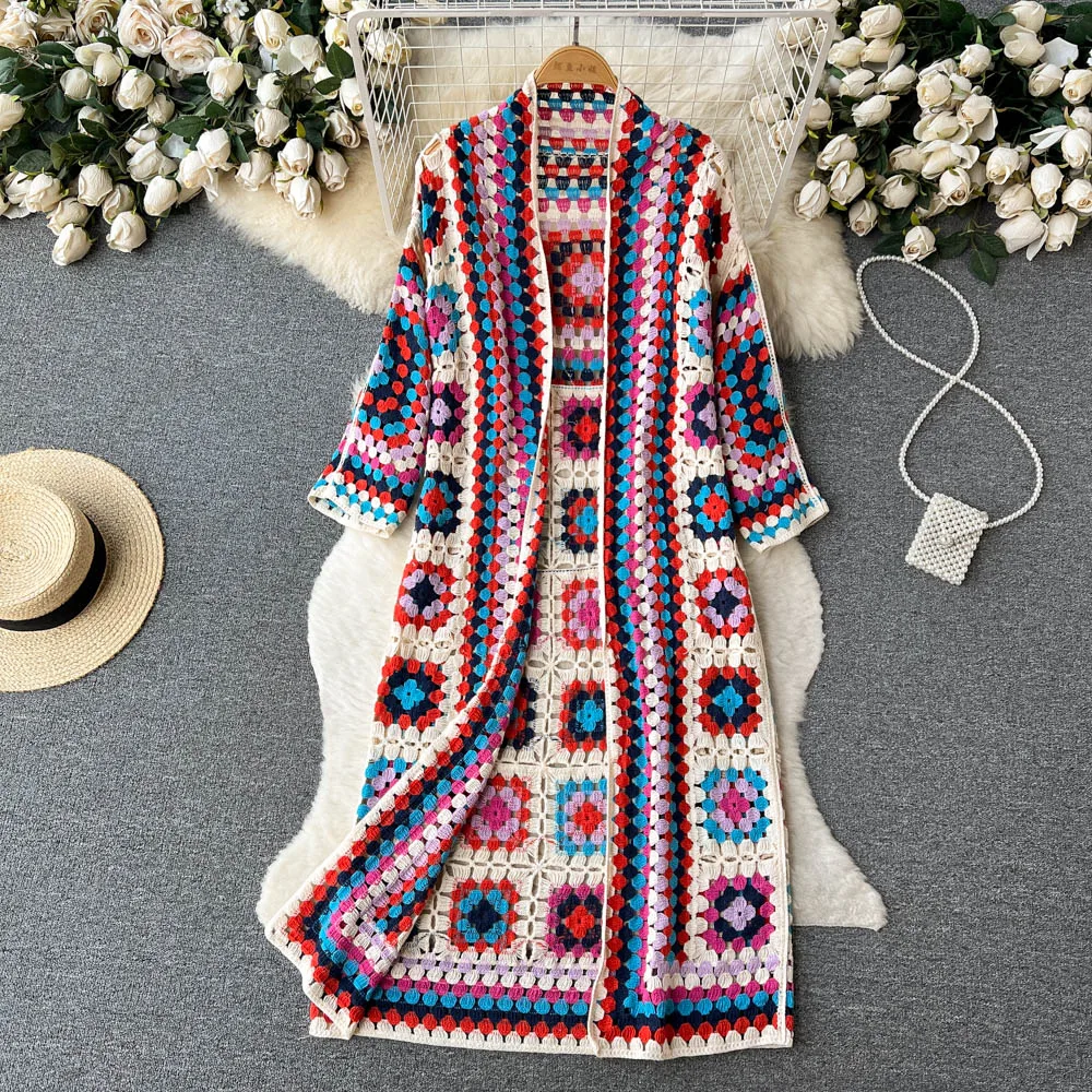 Gehäkelte Damen Strickjacke Granny Square Lang - Norvielle