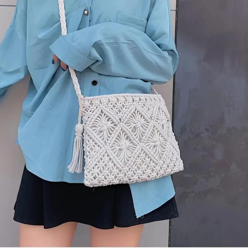 Häkeltasche Quaste Crossbody Bag Gewebt Beige - Norvielle