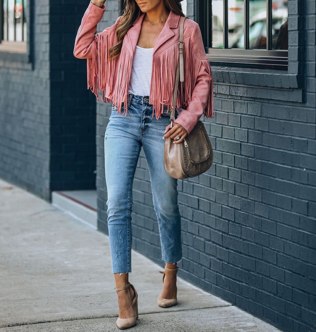 Elarova | Jugendlicher Wildleder-Jackentrend - Fransen-Cardigan mit Troddelsaum, E-Girl Bikerjacke, 90er Vintage Streetwear, Cooles Design