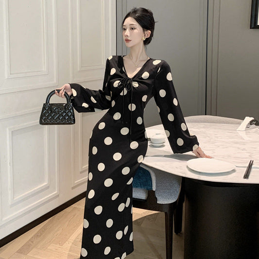 Damenkleid Polka Dots V-Ausschnitt Kordelzug Laternenärmel - Norvielle