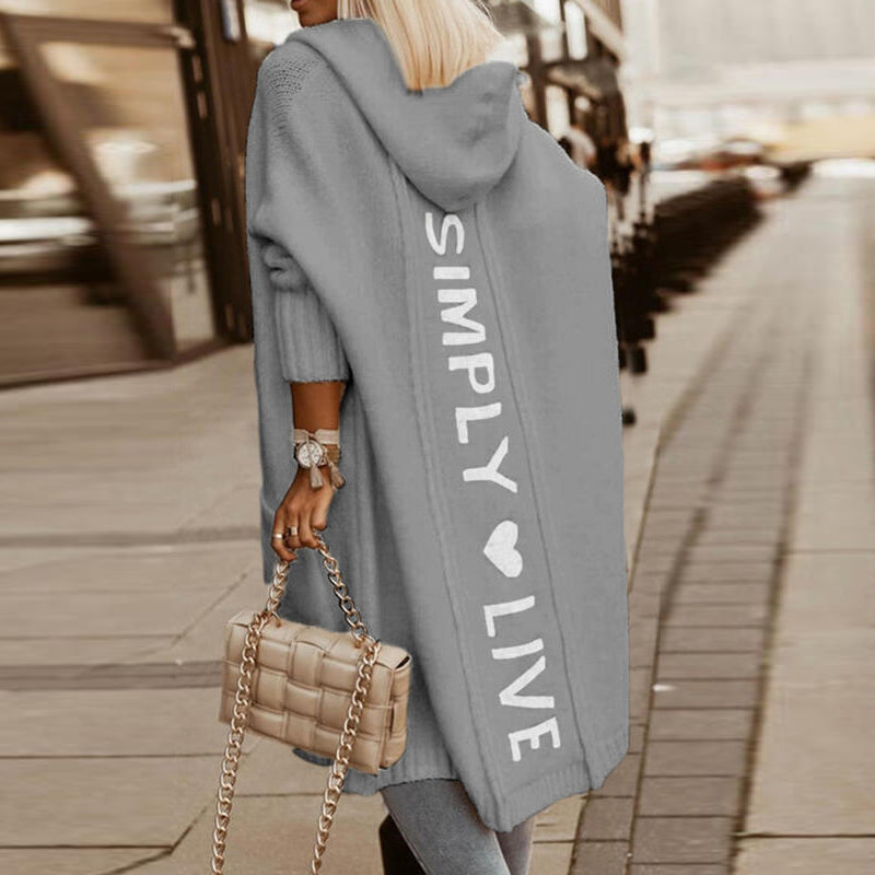 Damen Kuschelmantel Kapuze Strickjacke Buchstabenprint - Norvielle