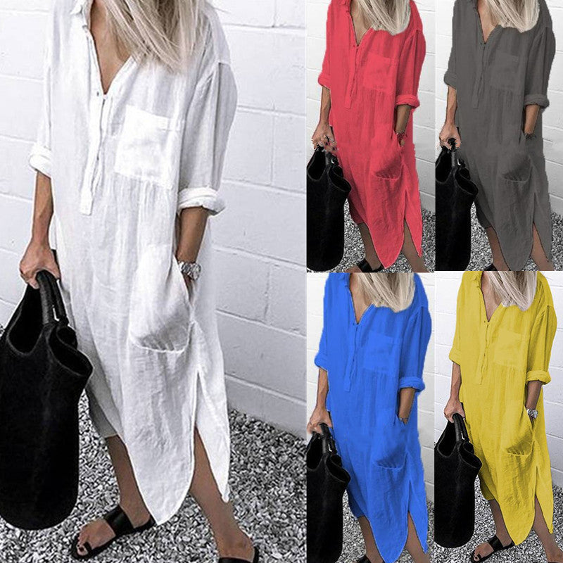 Damen Langarm-Kleid mit Knöpfen Vorne Einfach Zeitlos - Norvielle