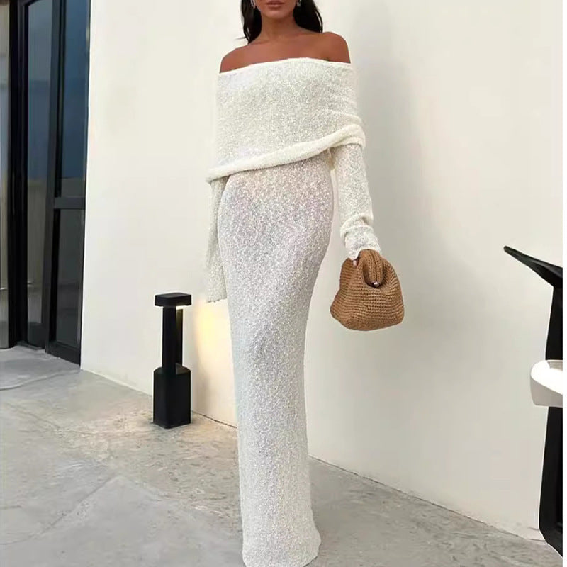 Elarova Langarm-Strickkleid im französischen Stil, einseitig, für Party und Strand geeignet