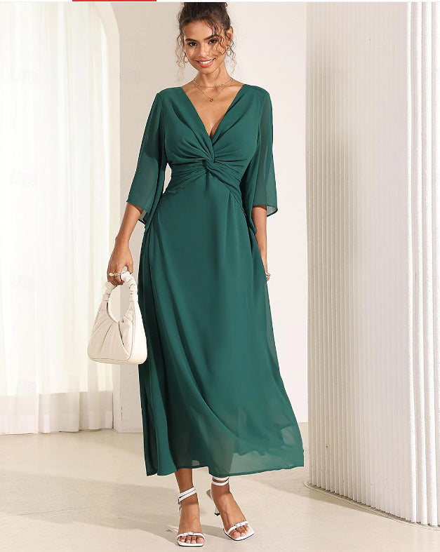 Elarova Langarmshirt, einfarbiges V-Ausschnitt-Maxikleid