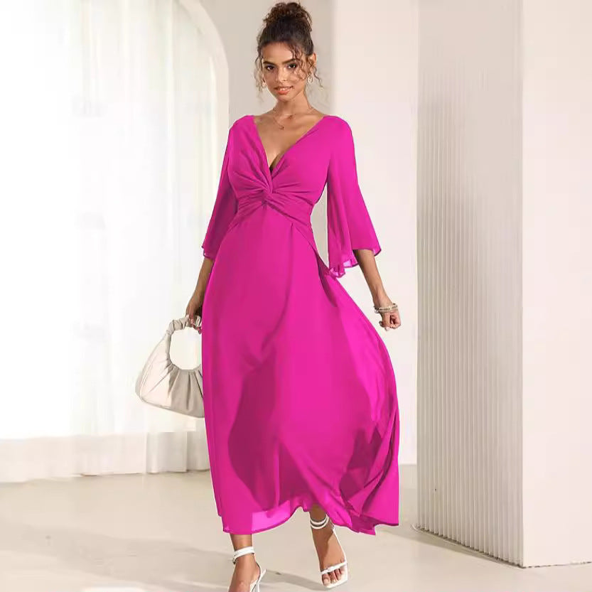 Damen Langarmshirt V-Ausschnitt Maxikleid Einfarbig - Norvielle