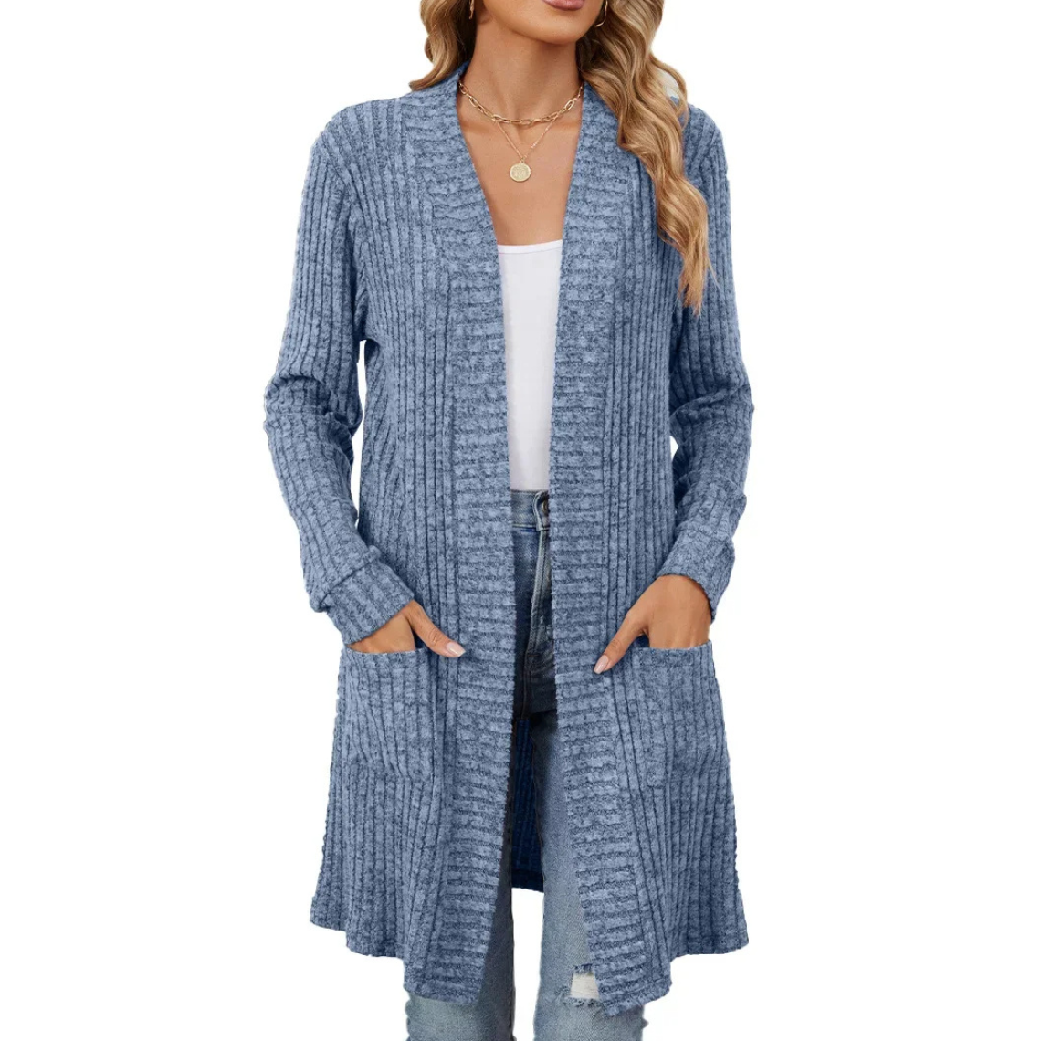 Elarova | Lange Strickjacken Damen Gerippte Offene Vorderseite Jacke mit Taschen