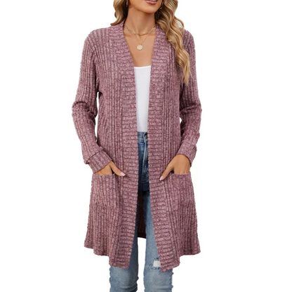 Elarova | Lange Strickjacken Damen Gerippte Offene Vorderseite Jacke mit Taschen
