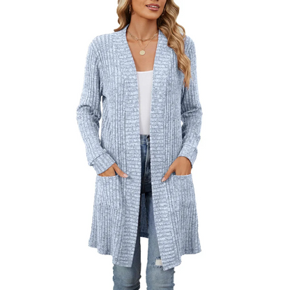 Elarova | Lange Strickjacken Damen Gerippte Offene Vorderseite Jacke mit Taschen