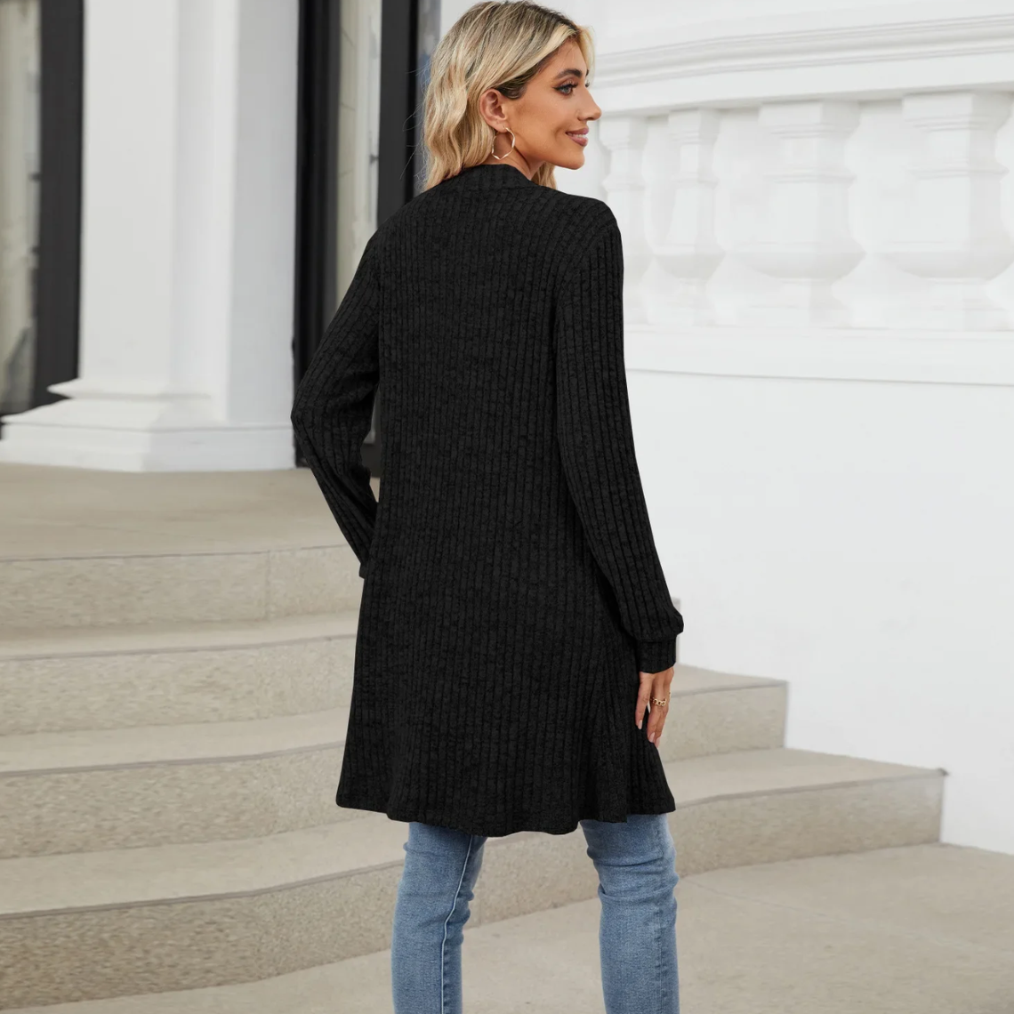 Elarova | Lange Strickjacken Damen Gerippte Offene Vorderseite Jacke mit Taschen