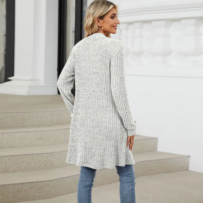 Elarova | Lange Strickjacken Damen Gerippte Offene Vorderseite Jacke mit Taschen
