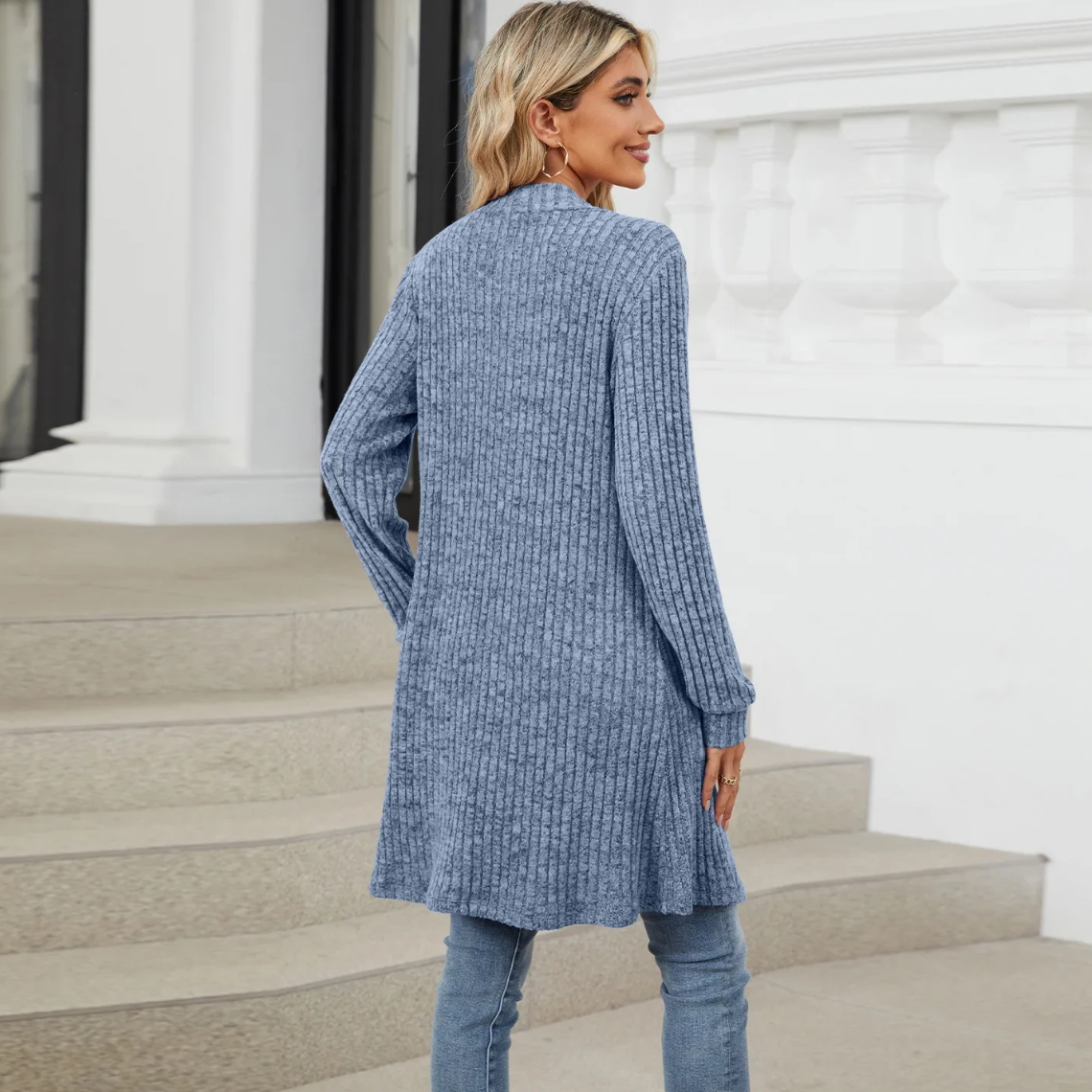 Elarova | Lange Strickjacken Damen Gerippte Offene Vorderseite Jacke mit Taschen