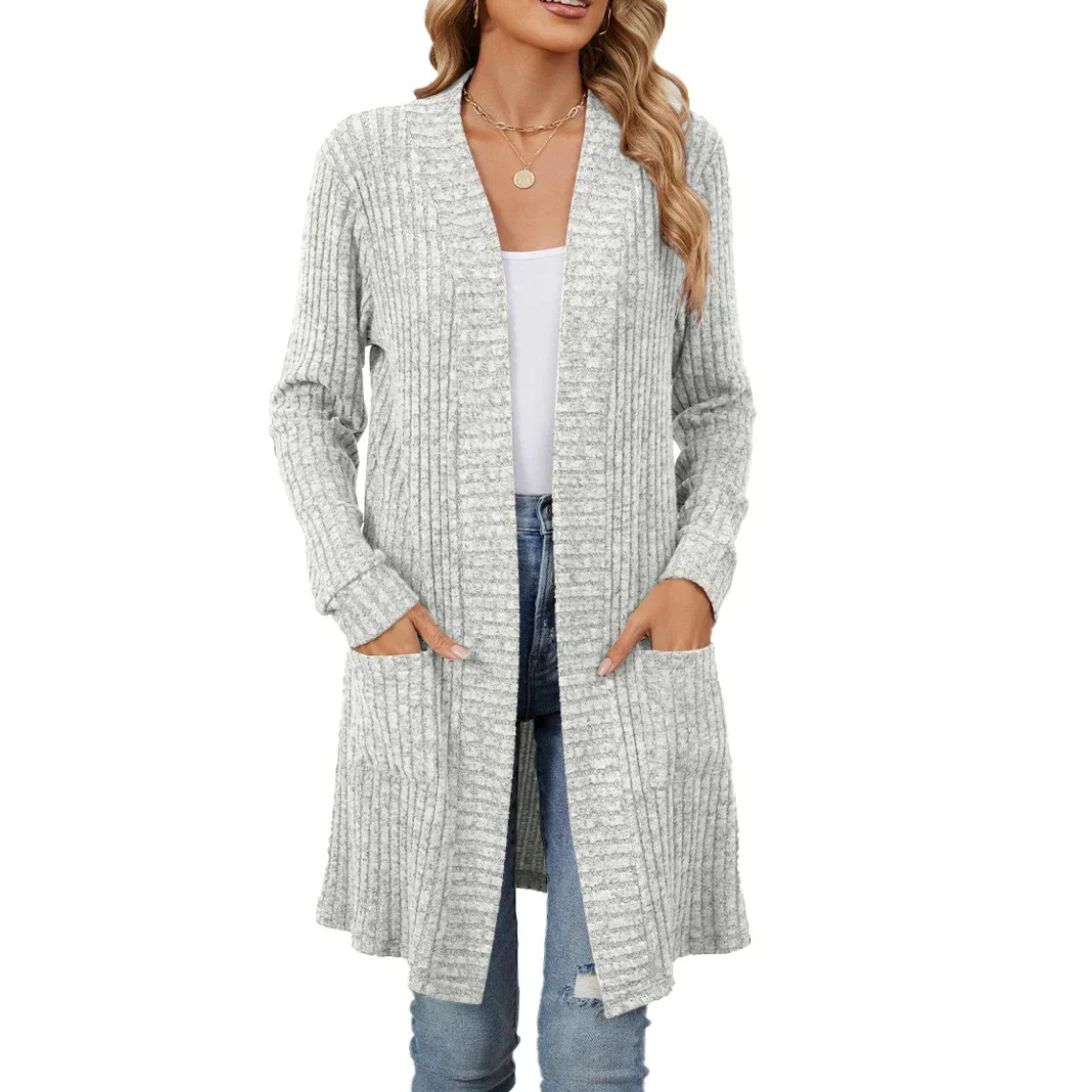 Elarova | Lange Strickjacken Damen Gerippte Offene Vorderseite Jacke mit Taschen