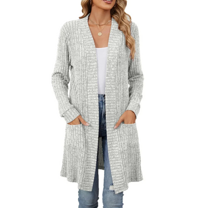 Elarova | Lange Strickjacken Damen Gerippte Offene Vorderseite Jacke mit Taschen