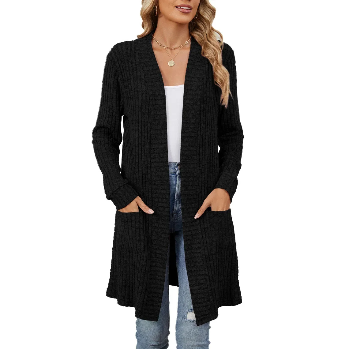 Elarova | Lange Strickjacken Damen Gerippte Offene Vorderseite Jacke mit Taschen