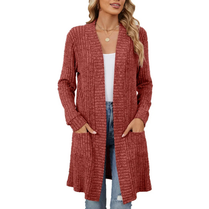 Elarova | Lange Strickjacken Damen Gerippte Offene Vorderseite Jacke mit Taschen