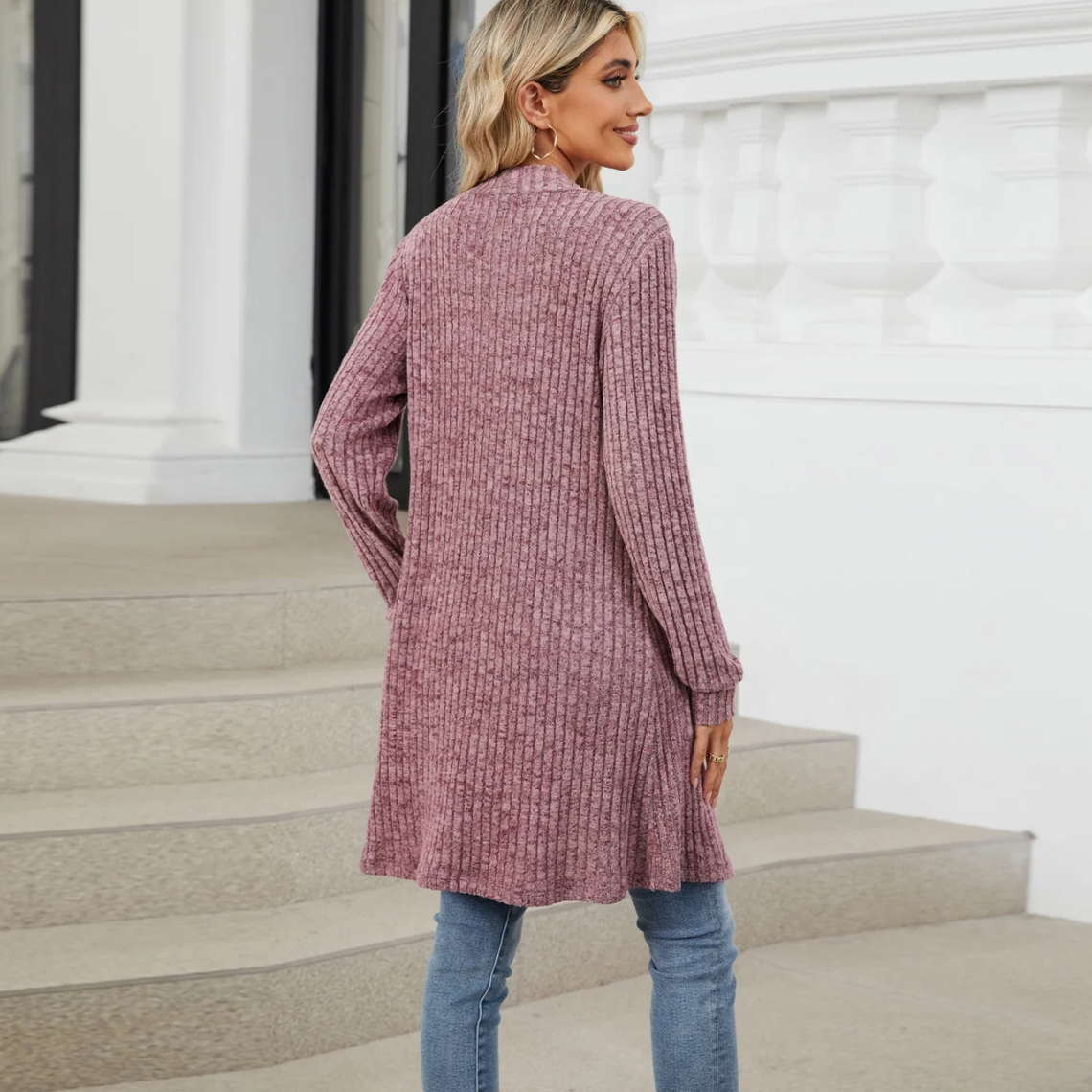 Damen Strickjacke Lange Offene Vorderseite Mit Taschen Beige - Norvielle