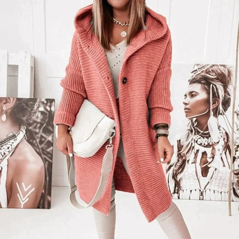Elarova | Lange warme Strickjacke mit Kapuze