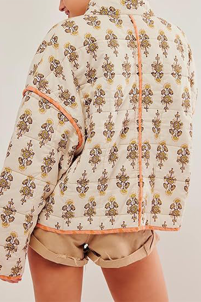 Elarova | Lässige Blumen Tasche Patchwork Kontrast Mandarin Kragen Outerwear 12 Farben